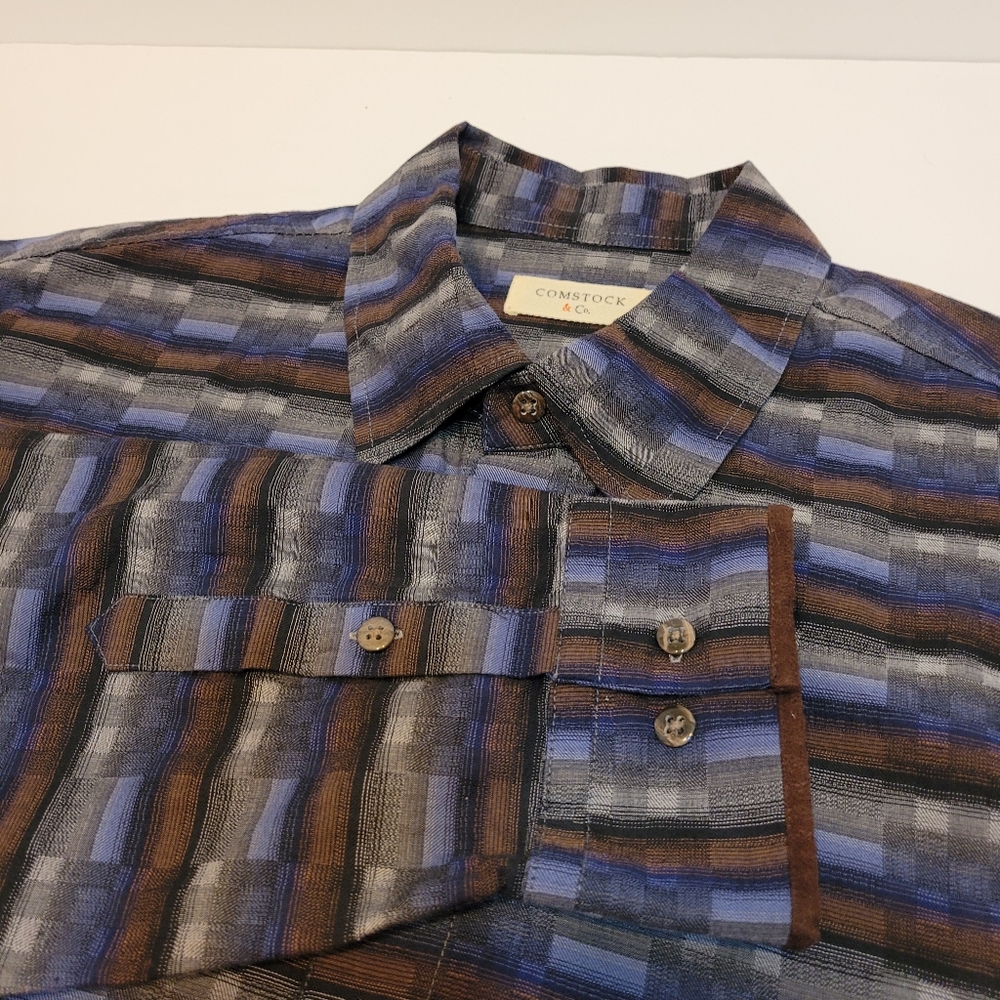 Comstock & Co Button Down Mens XL Blue Brown Textured Stripe Excellent Cotton